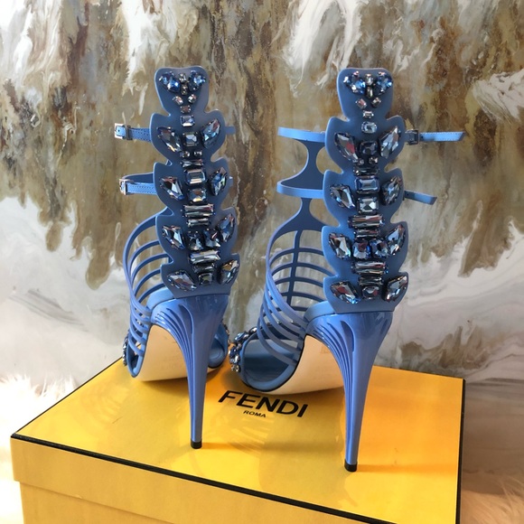 Fendi Blue Crocodile Crystal Embellished Sandals 9 - Picture 3 of 9